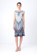 Ivko Jacquard Dress, Sleeveless, Filigree Pattern Blue/White Wash
